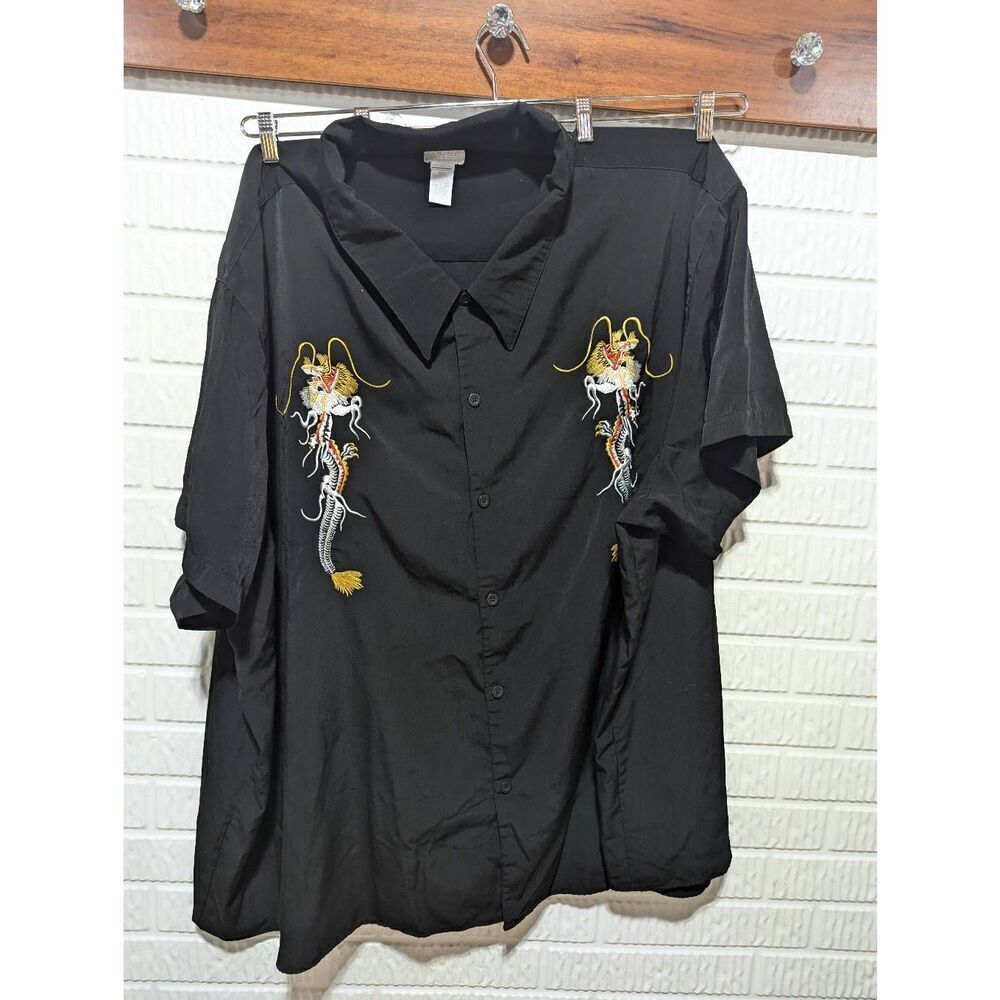 King Size for Tall & Big Men Black Short Sleeve Button-Down Dragon Embroidery Sh